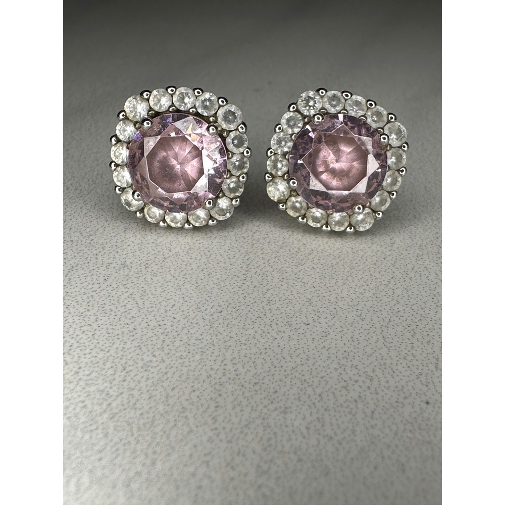 925 Sterling Silver Pink Halo Stud Earrings Round Cut Clear Accents